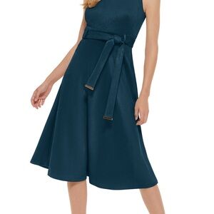 Calvin Klein Navy Faux Suede Belted Midi Dress